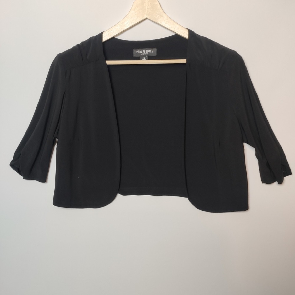 Perceptions Solid Black Open Front Bolero Shrug 3/4 Sleeve Cropped Size 12